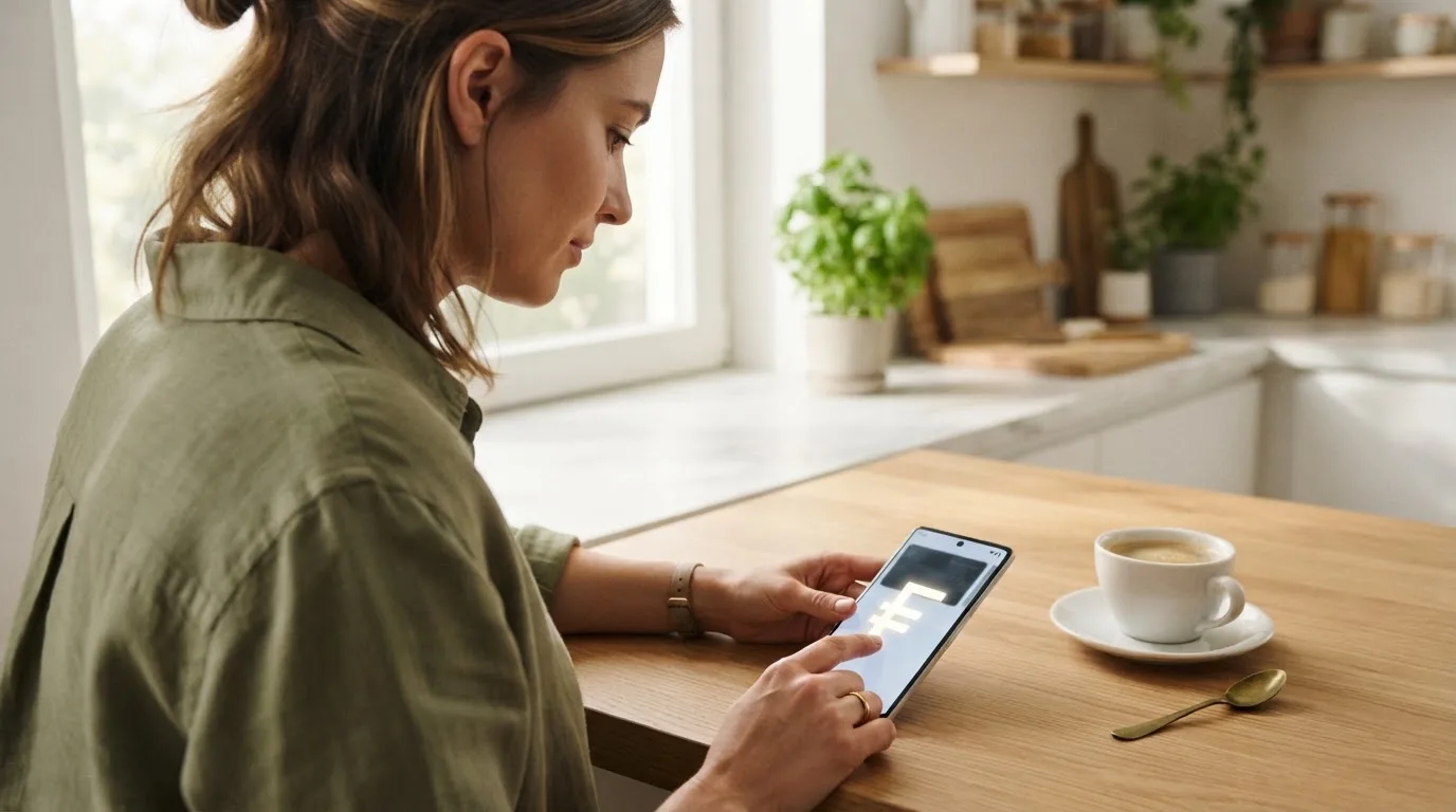 Frau tippt konzentriert auf ihrem Smartphone an einem Küchentisch, eine Tasse Kaffee steht griffbereit daneben.