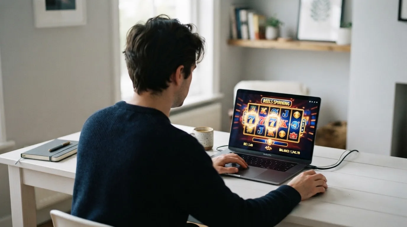 Person am Laptop liest eine Übersichtsseite zu Geldspielen im Internet — 15 franken bonus ohne einzahlung casino
