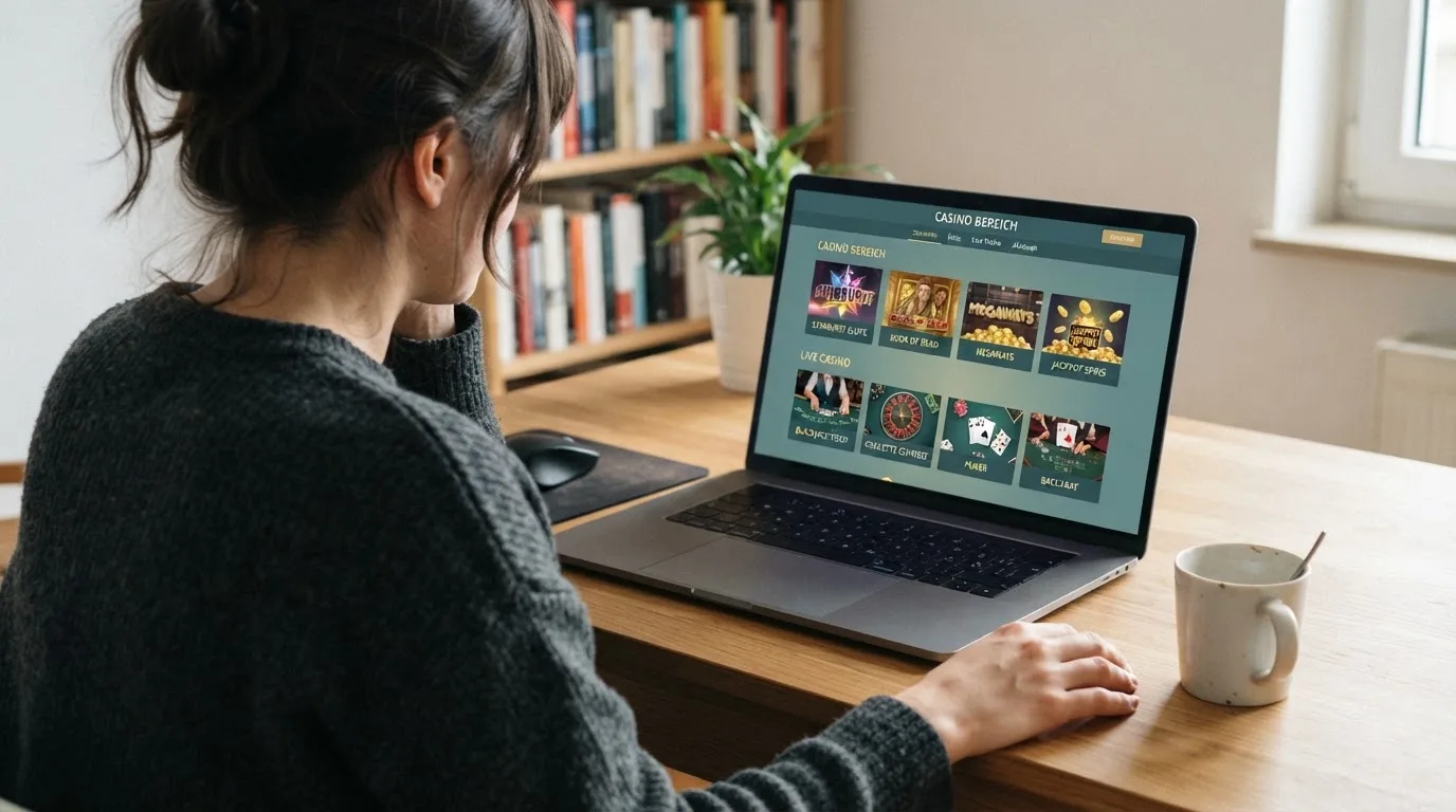 Person am Laptop liest eine Übersichtsseite zu Geldspielen im Internet — 150 freispiele ohne einzahlung