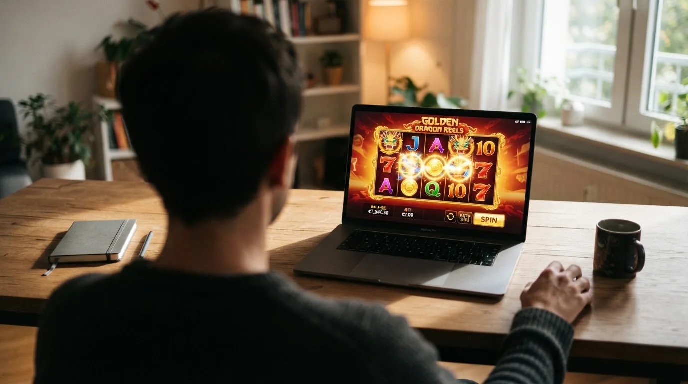 Person am Laptop liest eine Übersichtsseite zu Geldspielen im Internet — 30 franken bonus ohne einzahlung casino