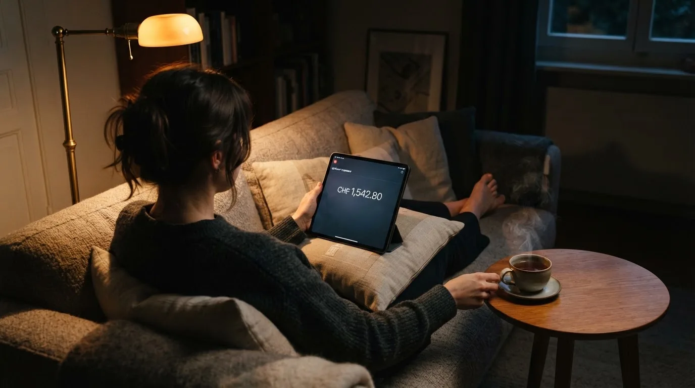 Person sitzt entspannt mit Tablet auf dem Sofa, warmes Lampenlicht, eine Tasse Tee steht daneben auf einem kleinen Tisch.