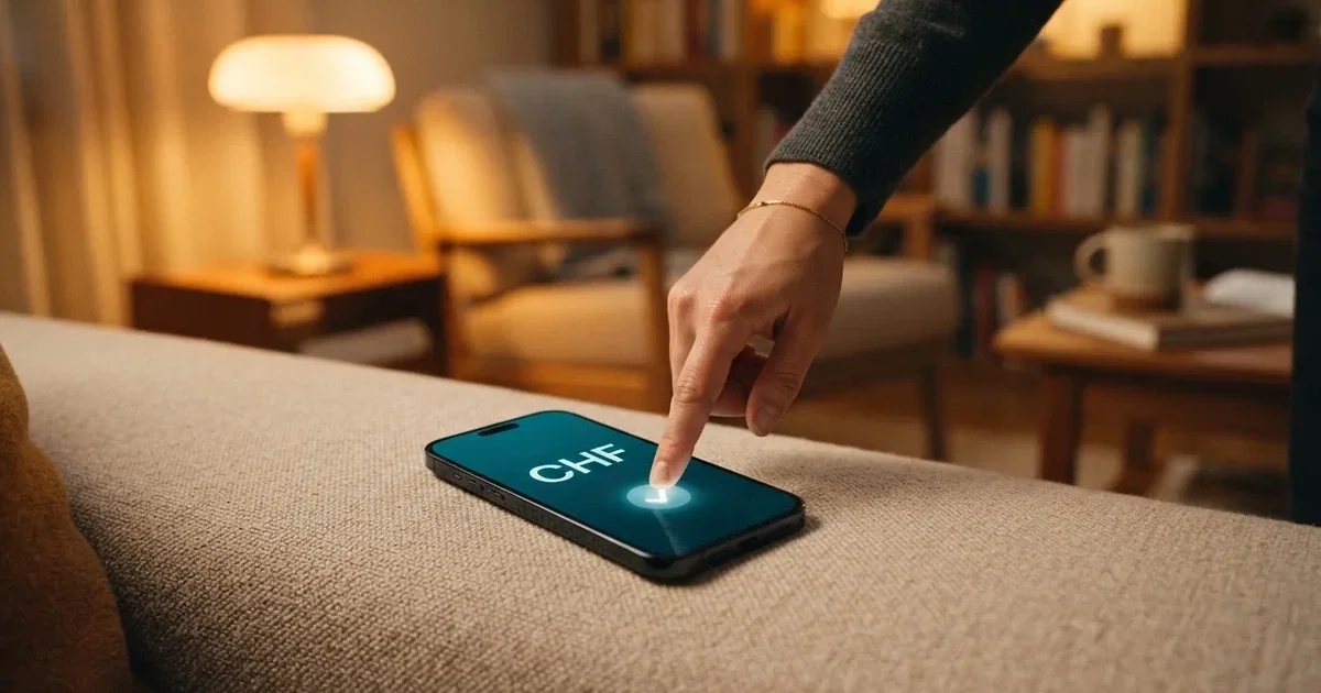 Nahaufnahme einer Hand, die auf einem Smartphone eine Zahlungsbestätigung antippt, im Hintergrund eine gemütliche Wohnzimmerecke am Abend.