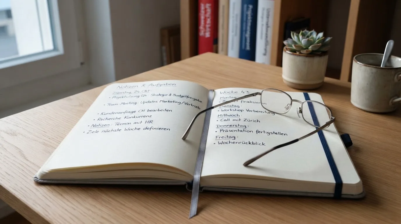 Ein Notizbuch mit handschriftlichen Stichpunkten liegt neben einer Brille auf einem Holzschreibtisch bei Tageslicht.