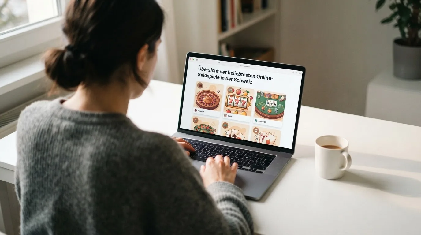 Person am Laptop liest eine Übersichtsseite zu Geldspielen im Internet — aviator online casino
