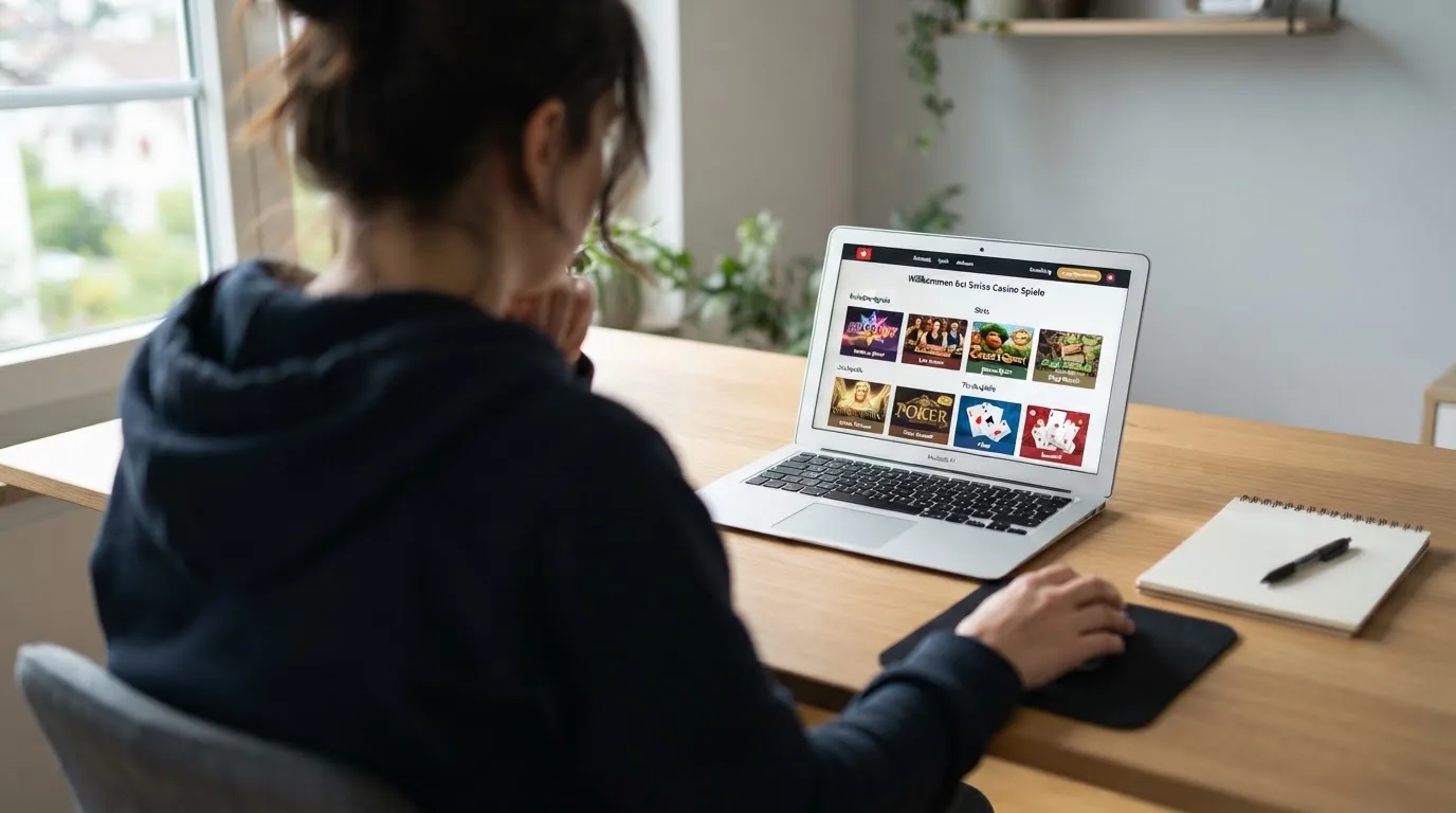 Person am Laptop liest eine Übersichtsseite zu Geldspielen im Internet — best crypto casino schweiz