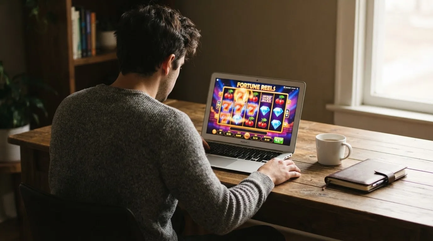 Person am Laptop liest eine Übersichtsseite zu Geldspielen im Internet — beste auszahlungsquote online casino