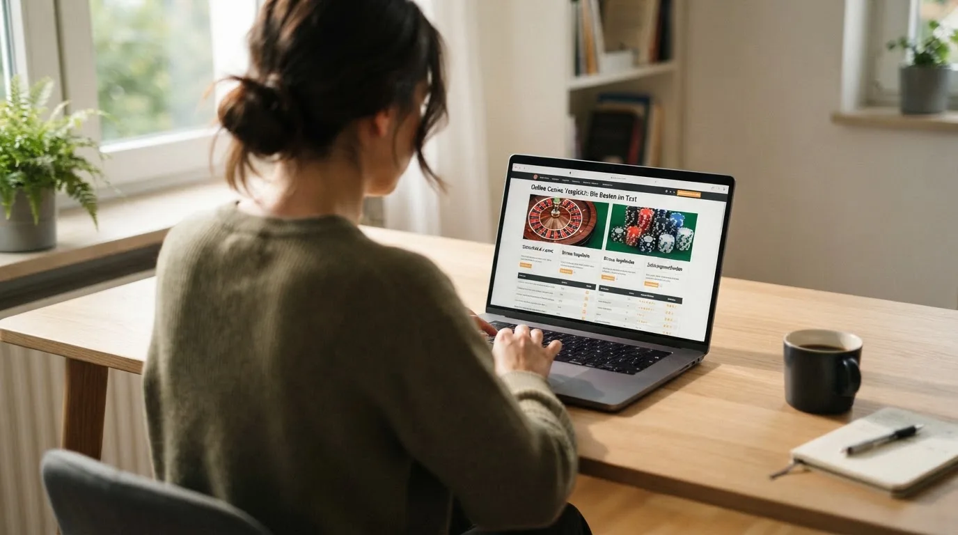 Person am Laptop liest eine Übersichtsseite zu Geldspielen im Internet — beste casino mit schneller auszahlung