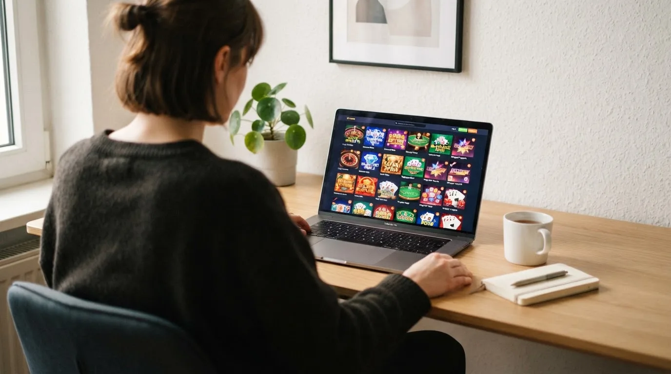 Person am Laptop liest eine Übersichtsseite zu Geldspielen im Internet — beste casino ohne verifizierung auszahlen