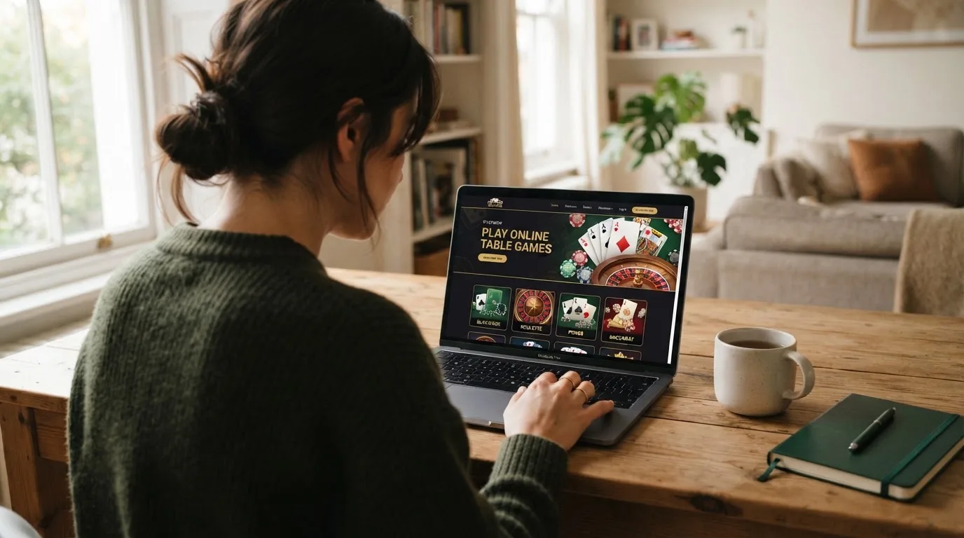 Person am Laptop liest eine Übersichtsseite zu Geldspielen im Internet — beste craps online casinos schweiz