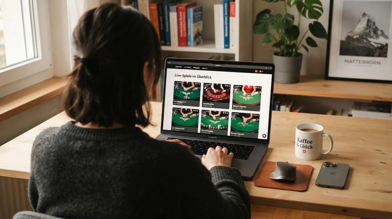 Person am Laptop liest eine Übersichtsseite zu Geldspielen im Internet — beste live baccarat schweiz