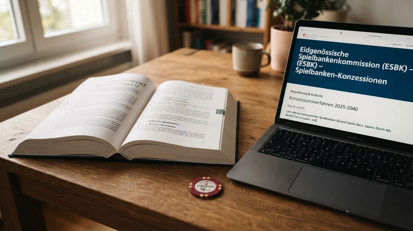 Amtliches Schreiben mit Stempel auf einem Schreibtisch neben einem Gesetzbuch — beste live baccarat schweiz