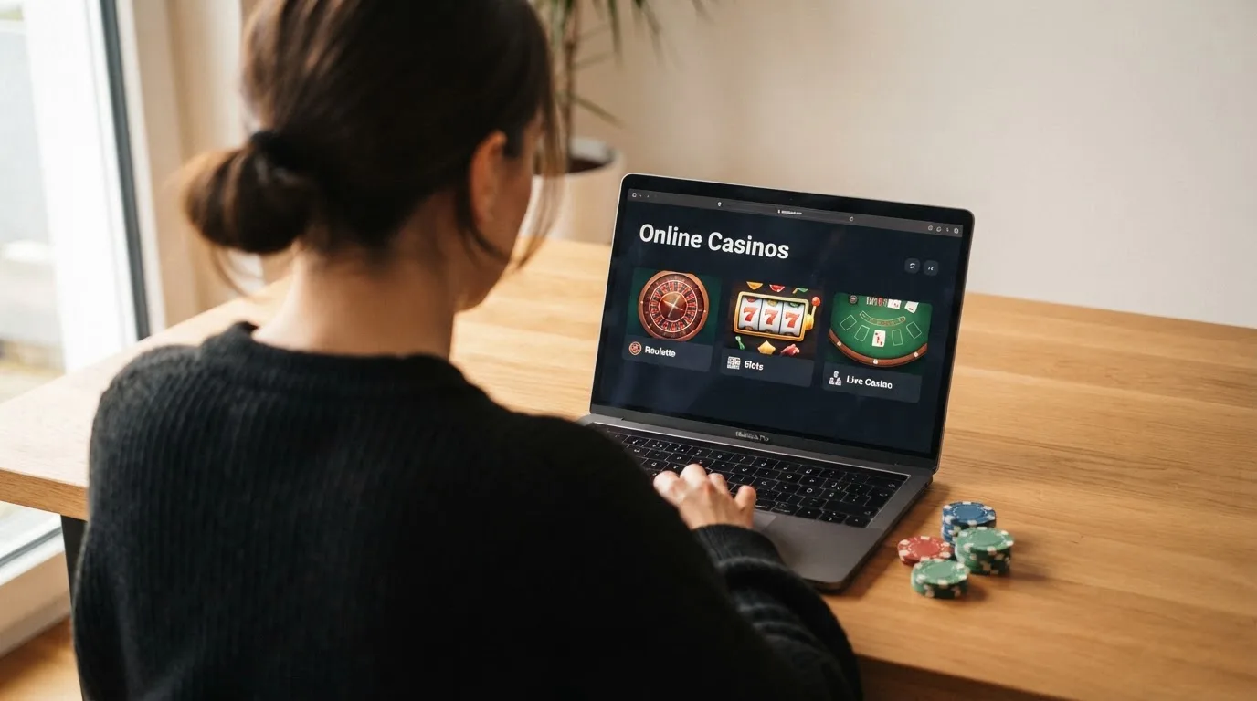 Person am Laptop liest eine Übersichtsseite zu Geldspielen im Internet — beste online casino ausland
