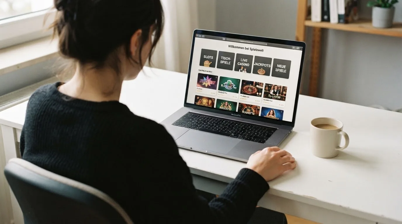 Person am Laptop liest eine Übersichtsseite zu Geldspielen im Internet — beste online casino echtgeld app