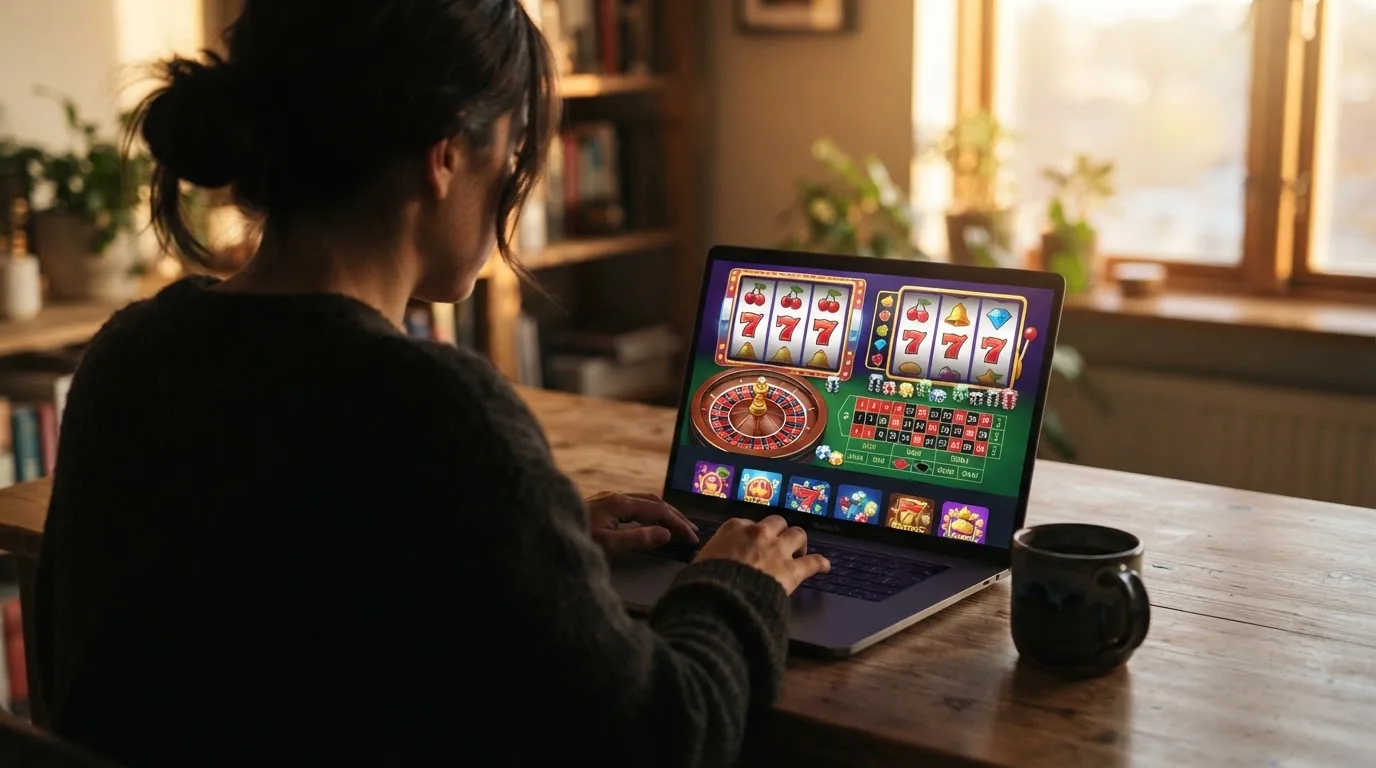 Person am Laptop liest eine Übersichtsseite zu Geldspielen im Internet — beste online casino mit apple pay bezahlen