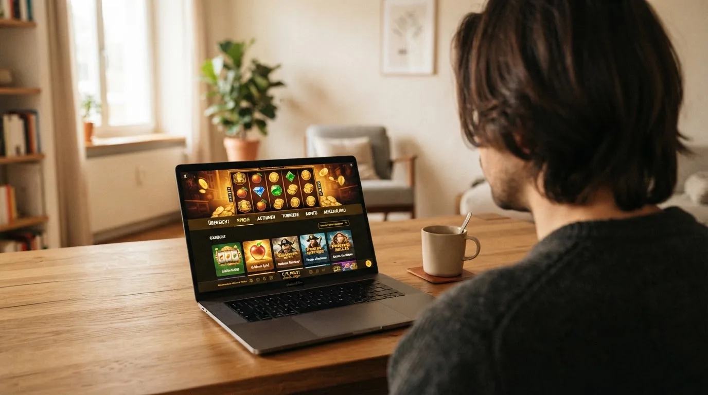 Person am Laptop liest eine Übersichtsseite zu Geldspielen im Internet — beste online casino mit cashtocode bezahlen