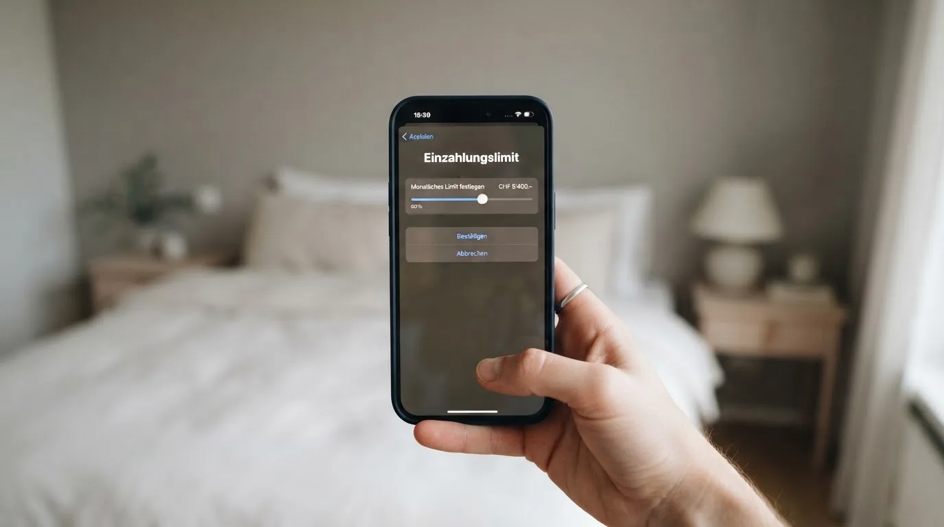 Hand hält ein Smartphone mit einem Formular zur Einzahlungsgrenze, ruhige Stimmung — beste online casino schweiz
