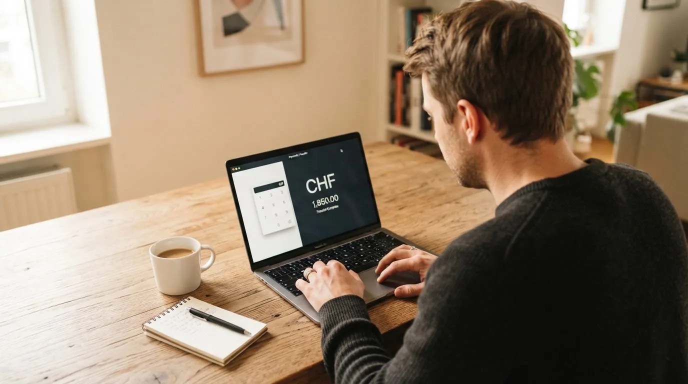 Mann sitzt am Wohnzimmertisch und tippt auf seinem Laptop, eine Kaffeetasse steht griffbereit daneben.