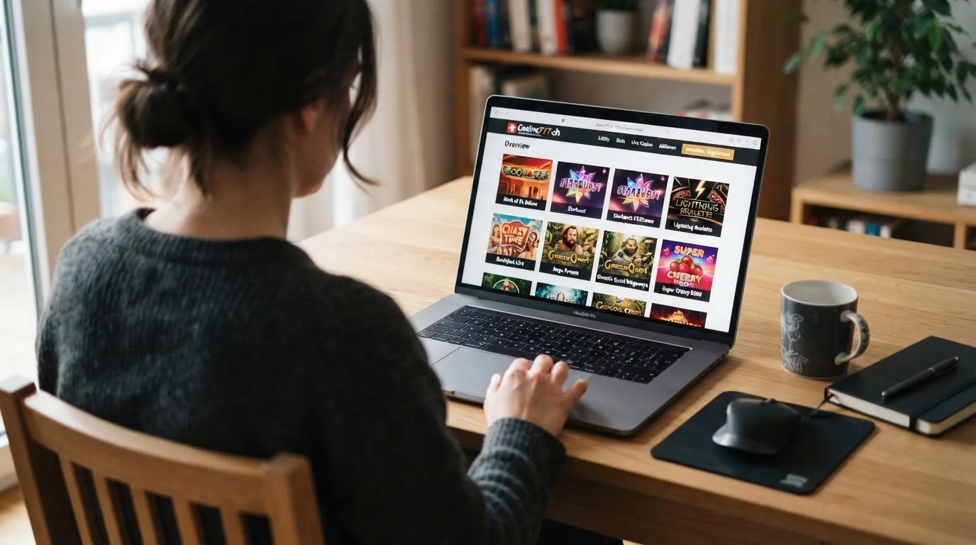 Person am Laptop liest eine Übersichtsseite zu Geldspielen im Internet — beste online casinos ohne verifizierung