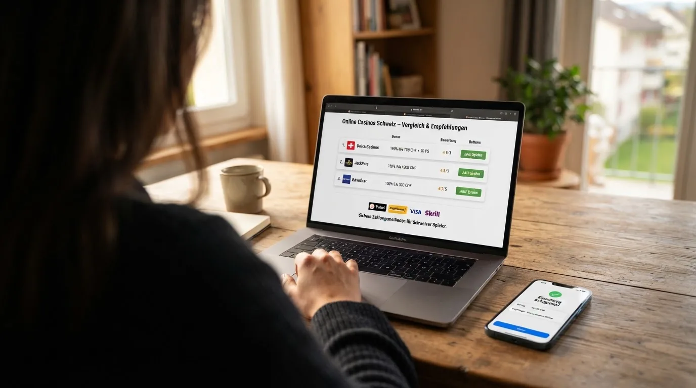 Person am Laptop liest eine Übersichtsseite zu Geldspielen im Internet — beste online casinos schweiz mit no deposit bonus