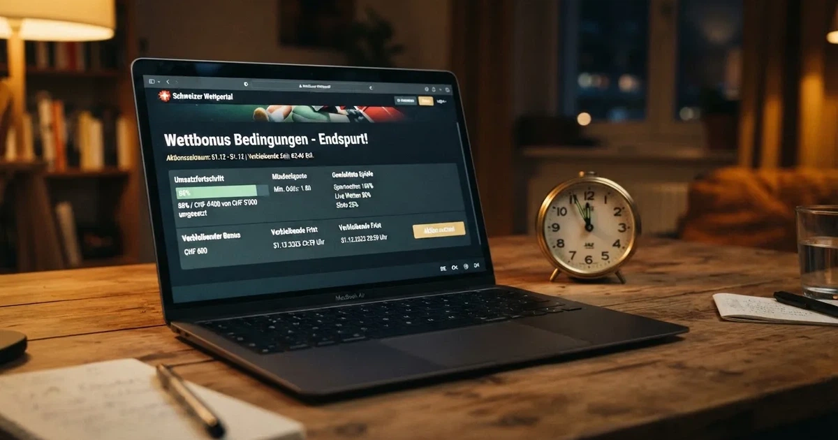 Bildschirm mit Bonusbedingungen, Einsatztabelle und einer Uhr im Hintergrund — beste online casinos schweiz mit no deposit bonus