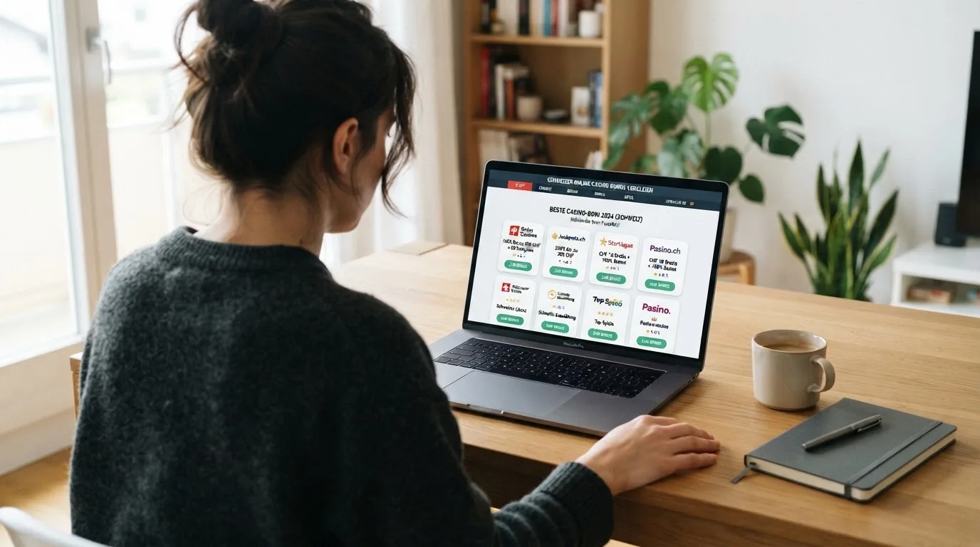 Person am Laptop liest eine Übersichtsseite zu Geldspielen im Internet — bester willkommensbonus online casino