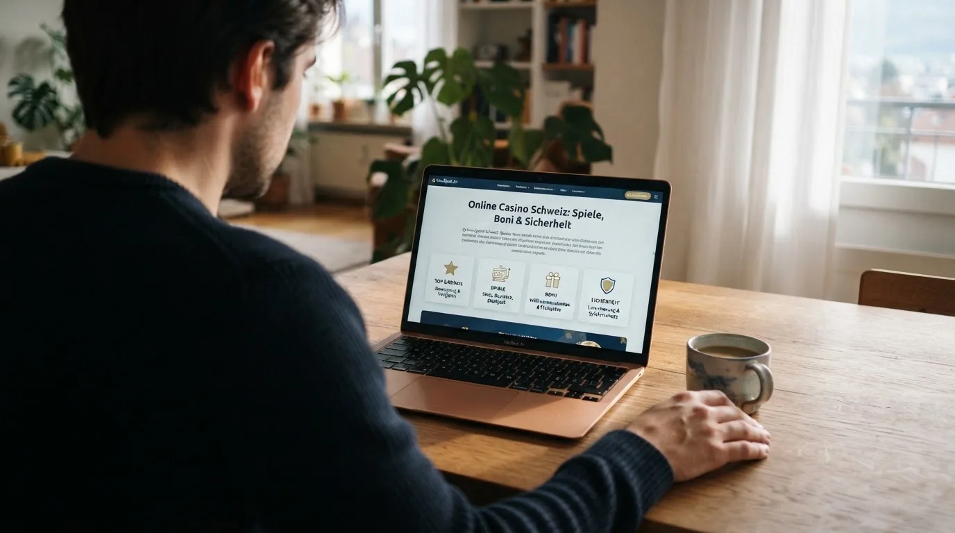 Person am Laptop liest eine Übersichtsseite zu Geldspielen im Internet — binance coin casino vergleich