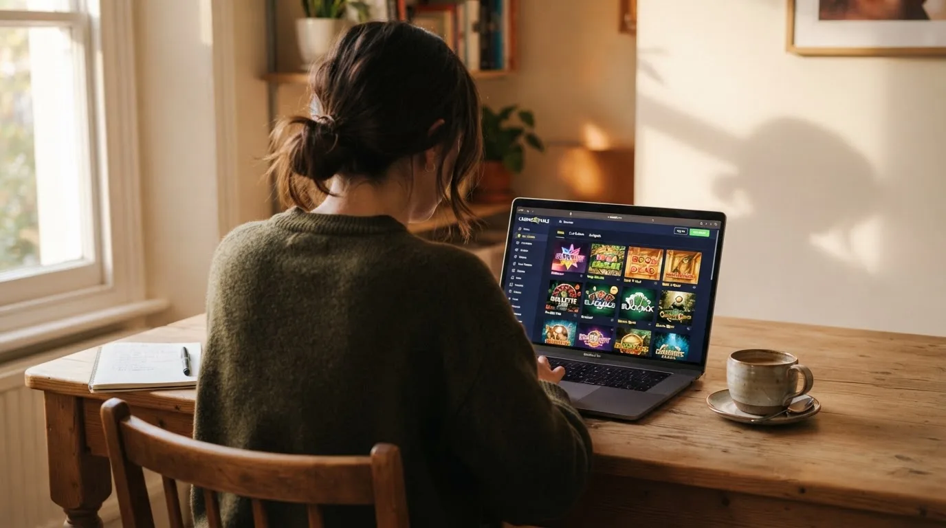 Person am Laptop liest eine Übersichtsseite zu Geldspielen im Internet — bitcoin cash casino vergleich
