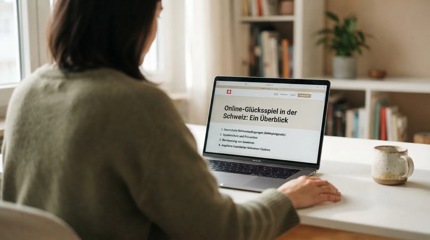 Person am Laptop liest eine Übersichtsseite zu Geldspielen im Internet — casino bonus ohne einzahlung