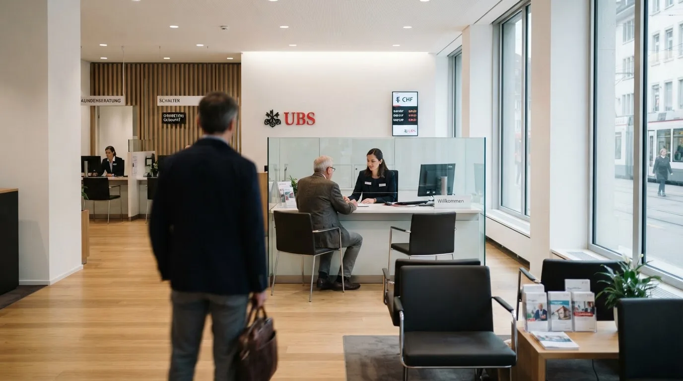 Blick auf eine helle Bankfiliale mit Wartebereich, im Vordergrund unscharf eine Person mit Jacke.