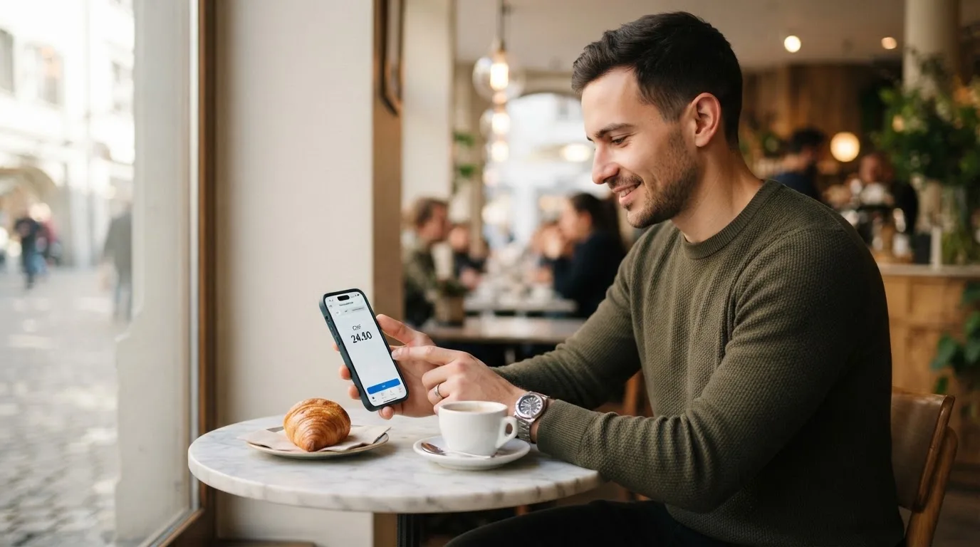 Junger Mann tippt auf sein Smartphone in einem Café, eine Tasse Kaffee steht daneben.