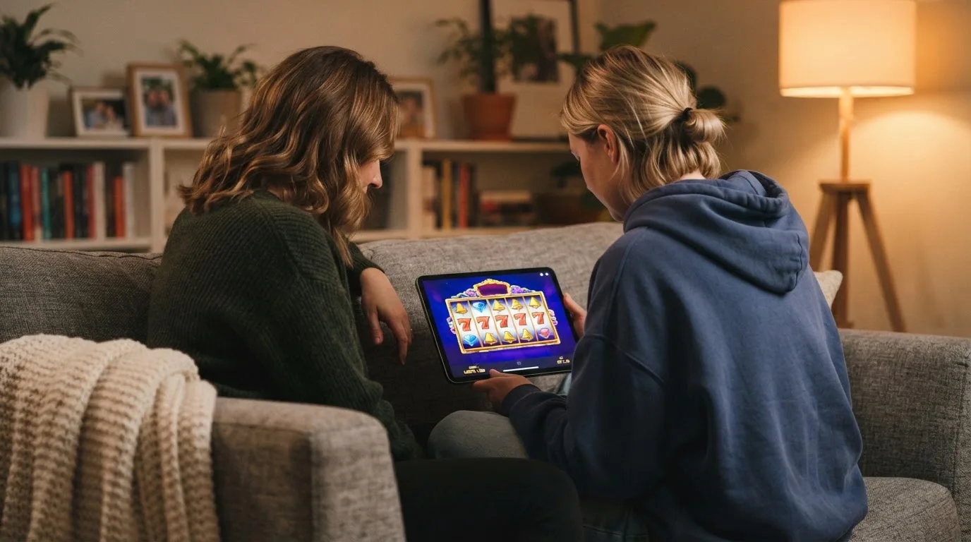 Zwei Freunde sitzen entspannt auf einem Sofa und schauen gemeinsam auf ein Tablet, Abendlicht im Raum.