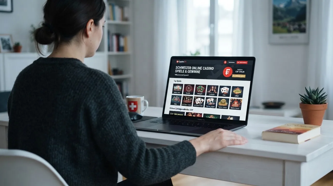 Person am Laptop liest eine Übersichtsseite zu Geldspielen im Internet — casino guthaben ohne einzahlung