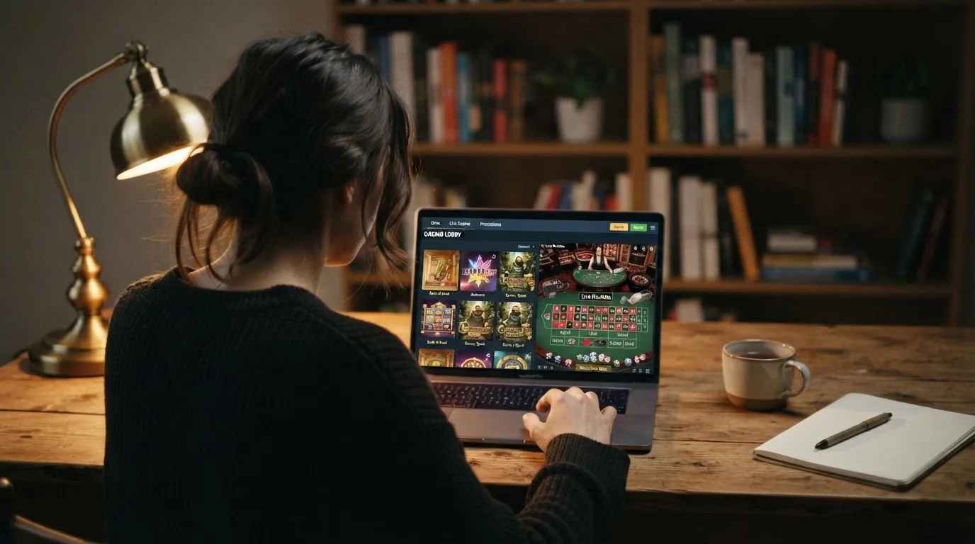 Person am Laptop liest eine Übersichtsseite zu Geldspielen im Internet — casino mit hoher gewinnchance