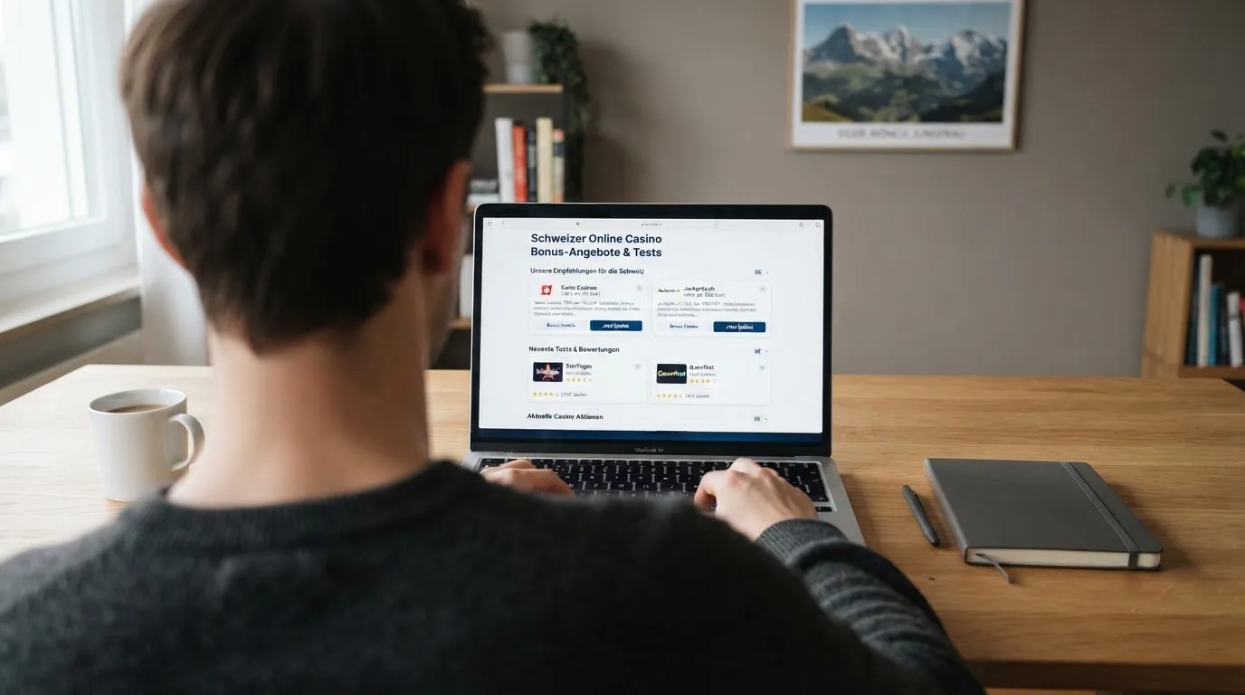 Person am Laptop liest eine Übersichtsseite zu Geldspielen im Internet — casino online mit bonus ohne einzahlung
