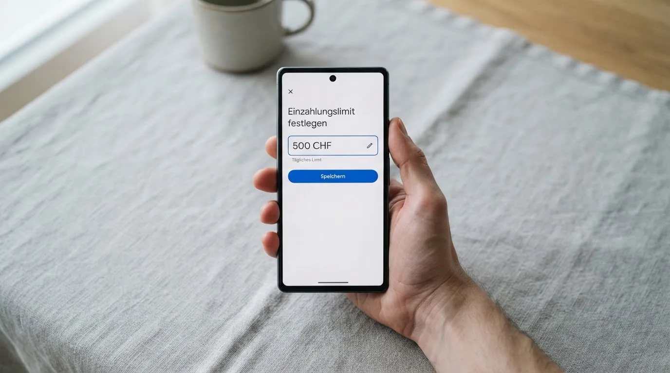 Hand hält ein Smartphone mit einem Formular zur Einzahlungsgrenze, ruhige Stimmung — freie 90 tage qualifikationszeitraum casino