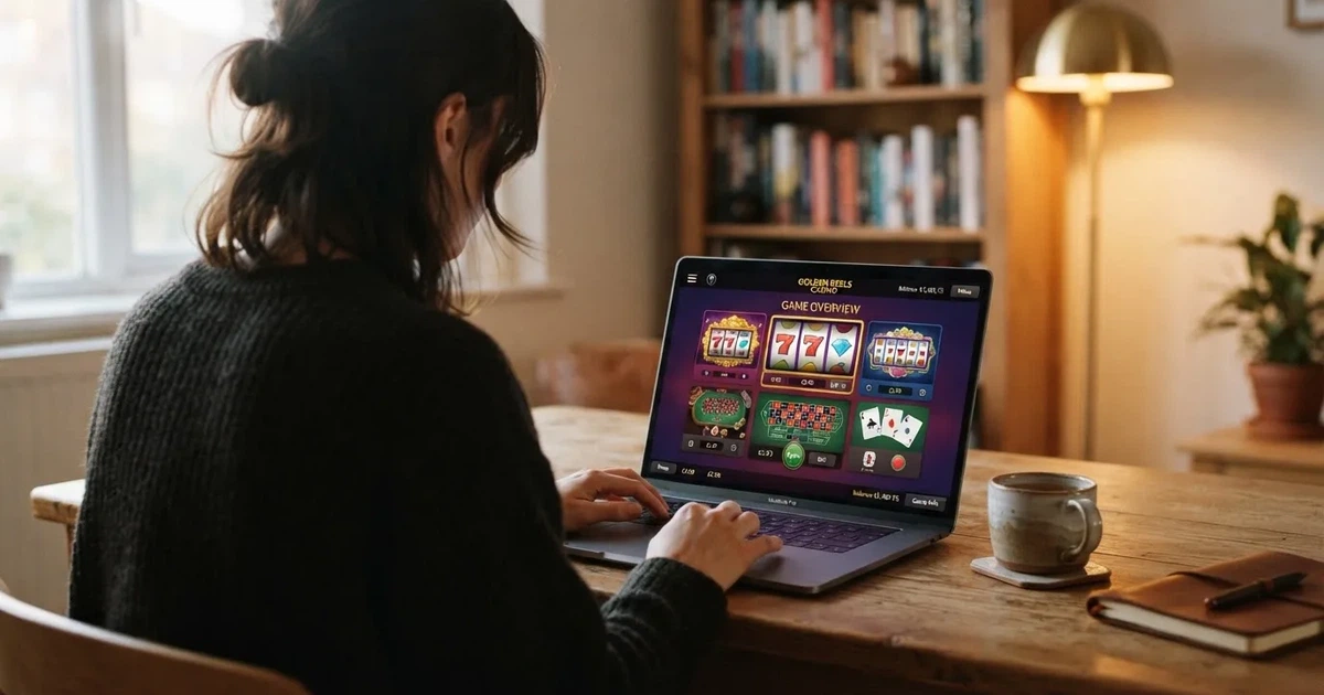 Person am Laptop liest eine Übersichtsseite zu Geldspielen im Internet — freie 90 tage qualifikationszeitraum casino
