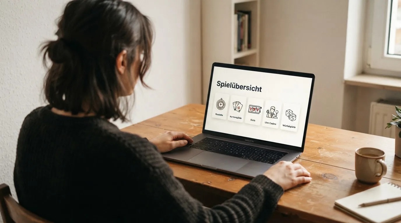Person am Laptop liest eine Übersichtsseite zu Geldspielen im Internet — handy casino echtgeld bonus ohne einzahlung