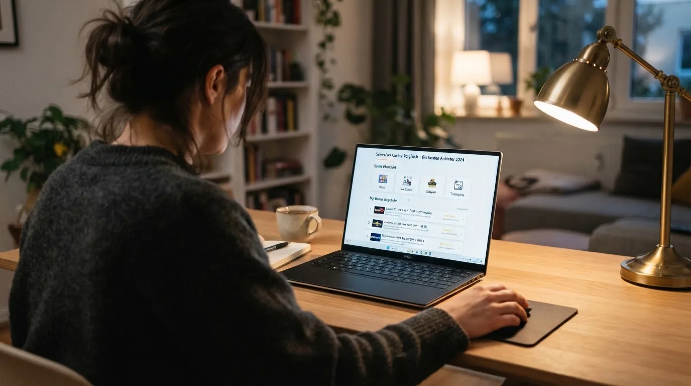 Person am Laptop liest eine Übersichtsseite zu Geldspielen im Internet — online casino bonus ohne einzahlung ohne download