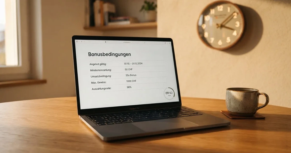 Bildschirm mit Bonusbedingungen, Einsatztabelle und einer Uhr im Hintergrund — online casino bonus ohne einzahlung sofort