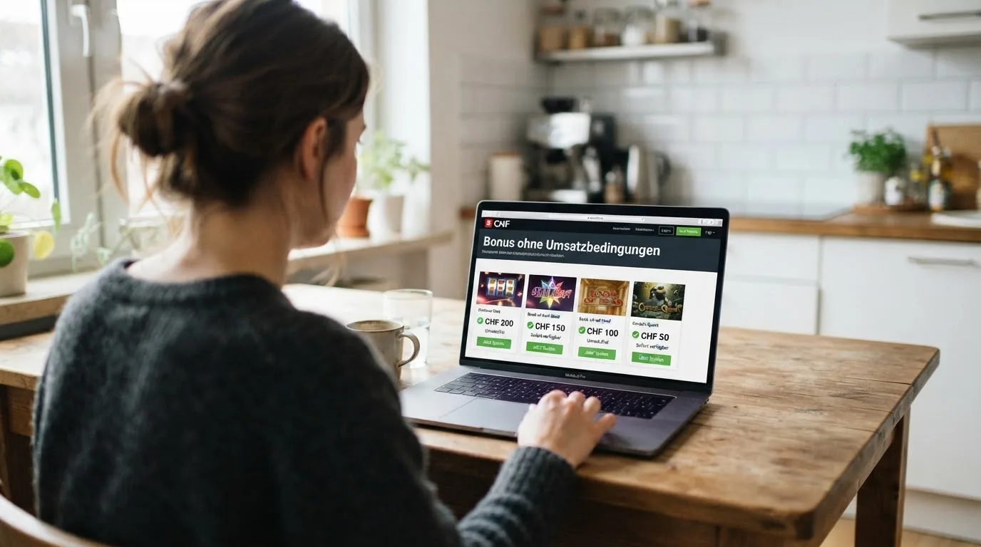 Person am Laptop liest eine Übersichtsseite zu Geldspielen im Internet — online casino bonus ohne umsatzbedingungen