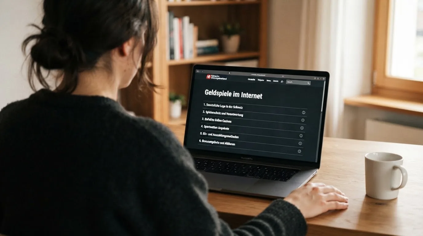 Person am Laptop liest eine Übersichtsseite zu Geldspielen im Internet — online casino gutschein codes
