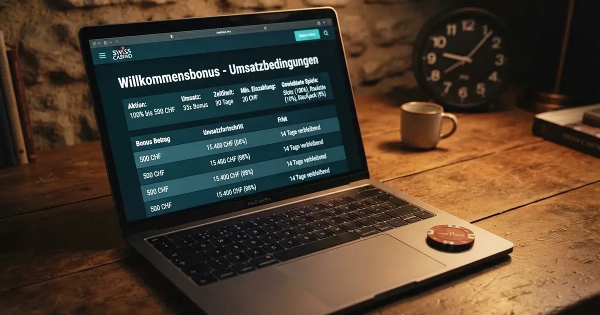 Bildschirm mit Bonusbedingungen, Einsatztabelle und einer Uhr im Hintergrund — online casino gutschein codes