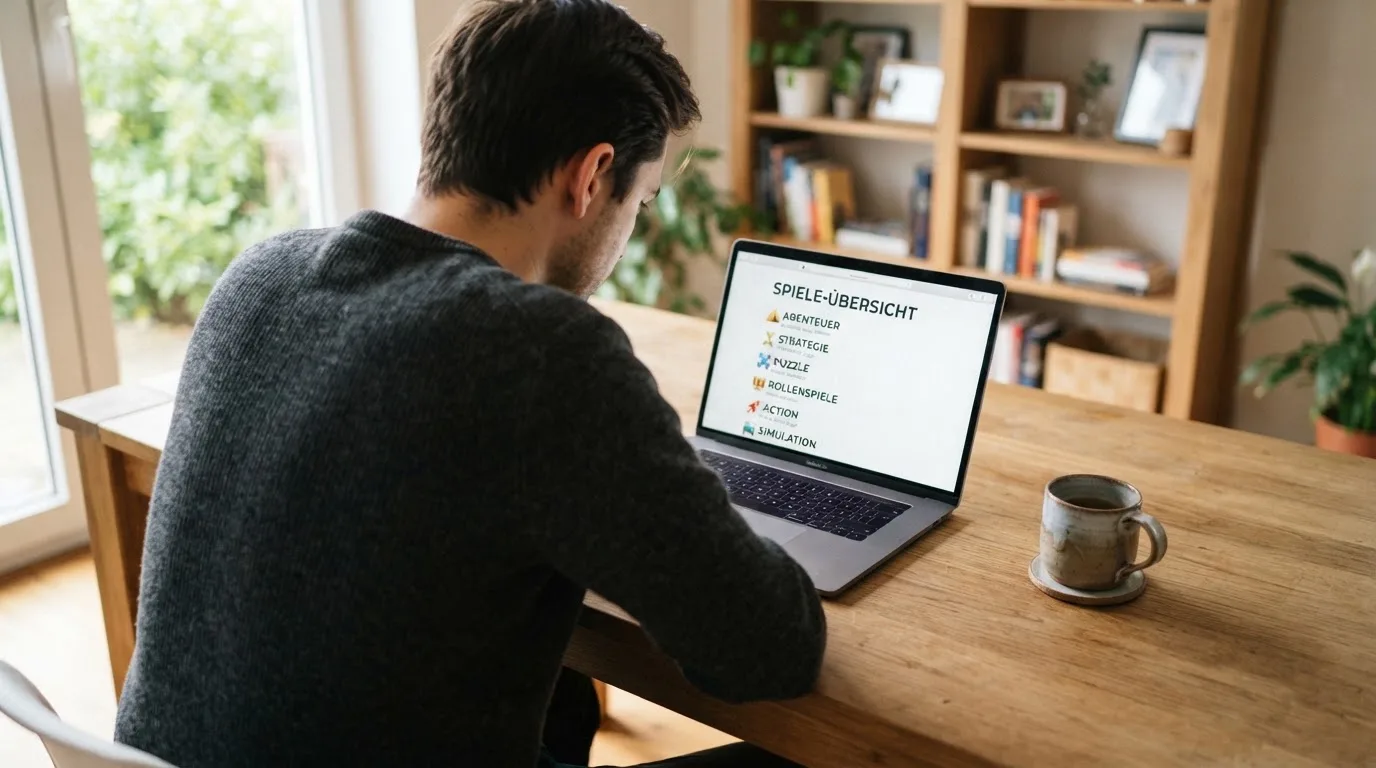 Person am Laptop liest eine Übersichtsseite zu Geldspielen im Internet — online casino mit autoplay