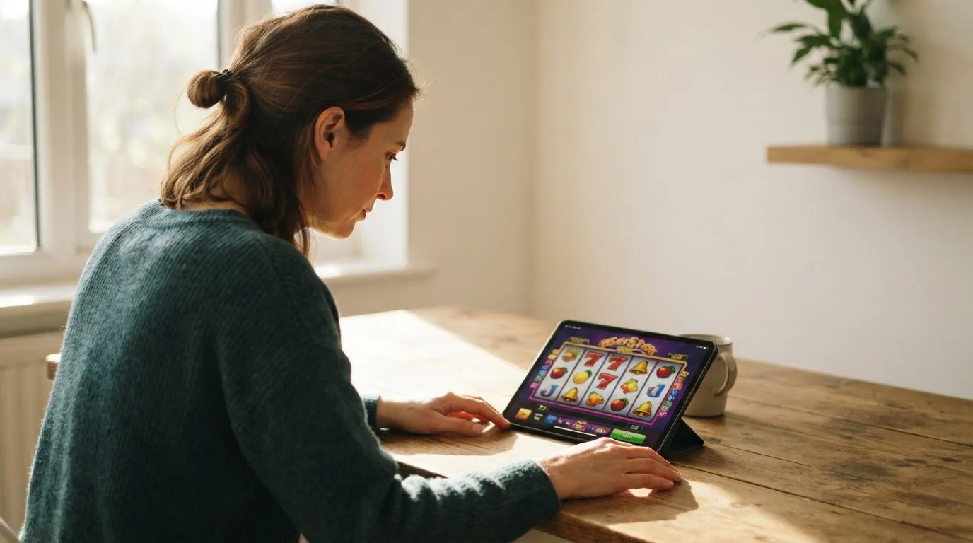 Frau sitzt am Wohnzimmertisch und schaut konzentriert auf ihr Tablet, Nachmittagslicht durchs Fenster.
